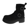 British style belt buckle shows thin pleated women's thick heel knight boots autumn and winter French European and American heightening fashion boot
