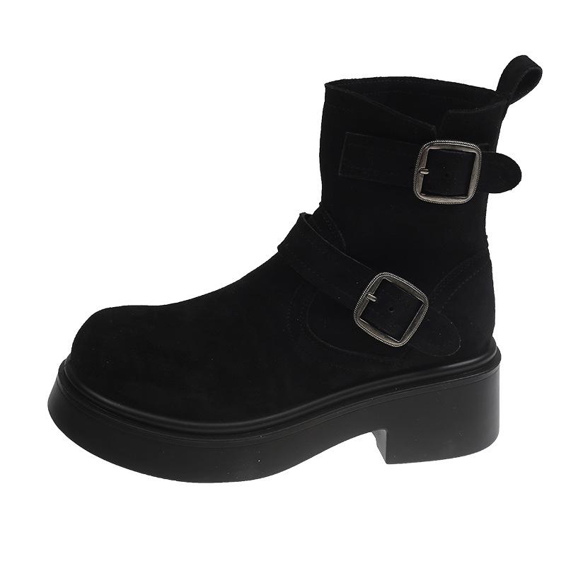 British style belt buckle shows thin pleated women's thick heel knight boots autumn and winter French European and American heightening fashion boot