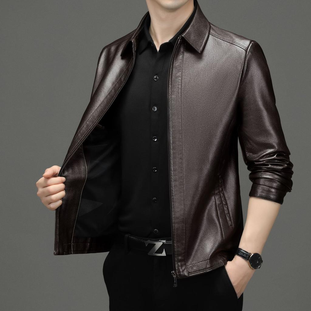 Leather Jacket Men's Middle-aged Men's Genuine Leather Jacket Short Lapel Thin Sheepskin Dad Leather Jacket Men's Clothing