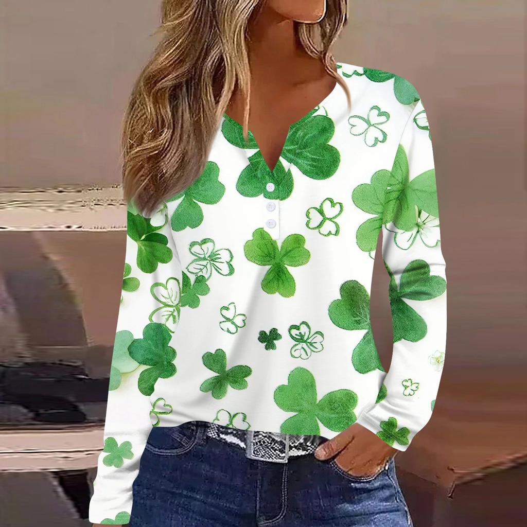 Women's Fashion Casual Printed V-neck Long Sleeve Button Up T-shirt Top