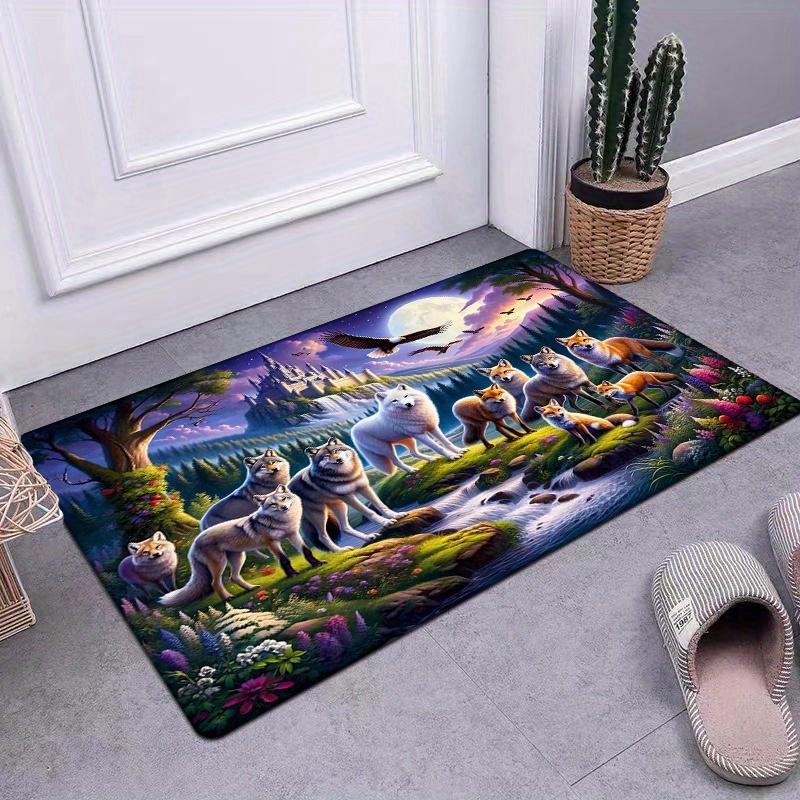 Forest Wolf Flannel Door Mat Carpet, Non-Slip Comfort Floor Mat Machine Washable for Kitchen Living Room Bedroom Bathroom Decor