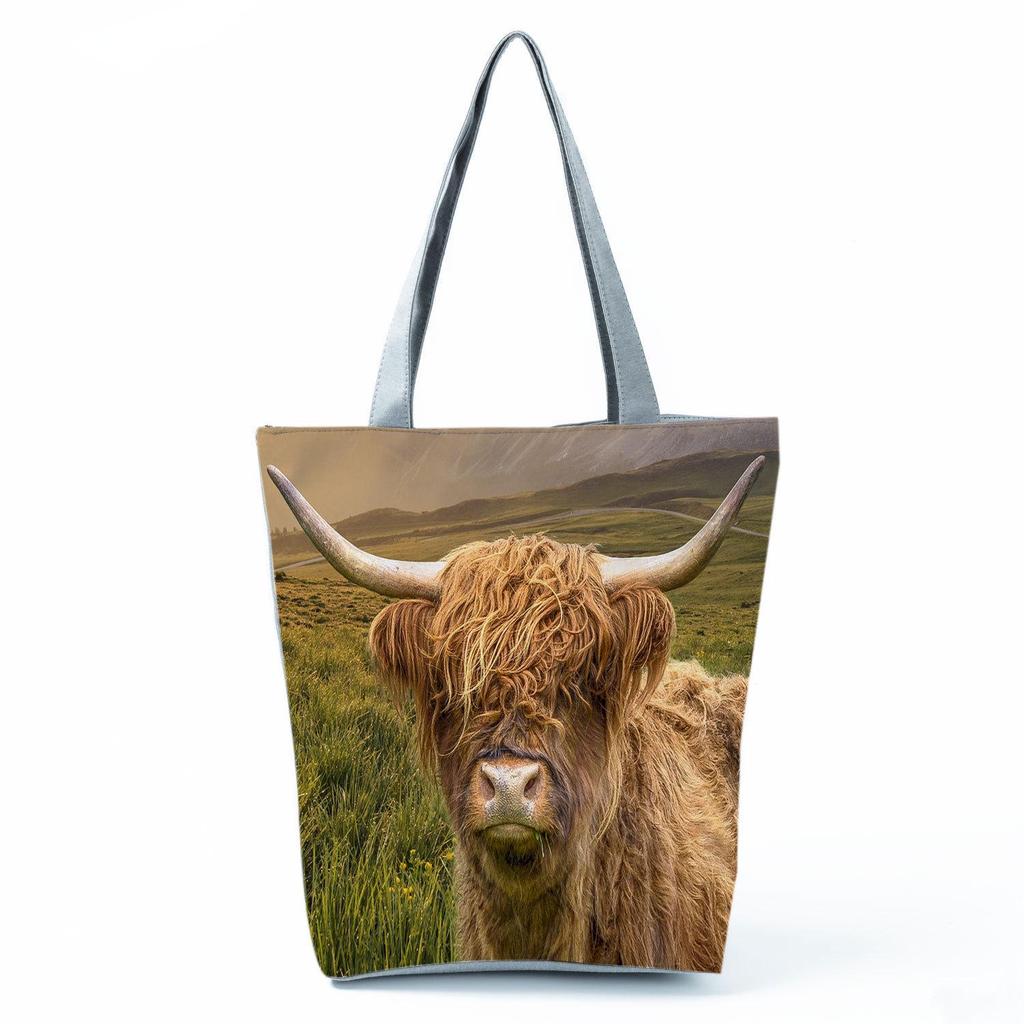Highland Cow Print Single Shoulder Tote Bag - Large Capacity, Fashionable Zipper Handbag