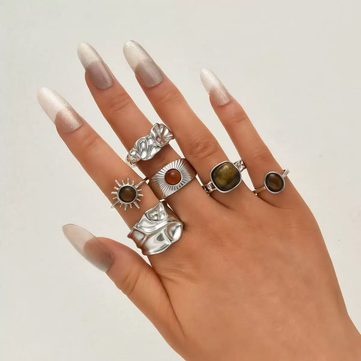 

6pcs Set Vintage Gold Color Imitation Tiger Eye Aesthetic Rings For Women Irregular Round Sun Ring Set Statement Jewelry Gifts resizable