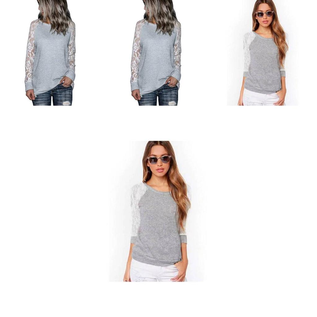 Lace Grey Trim Crew Neck Fitted Tshirt Blended Fabric Hoodie Women Sleeve Long