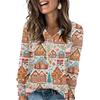 Women's Fashionable Loose-Fit V-Neck Long-Sleeved T-Shirt Christmas Print Pullover