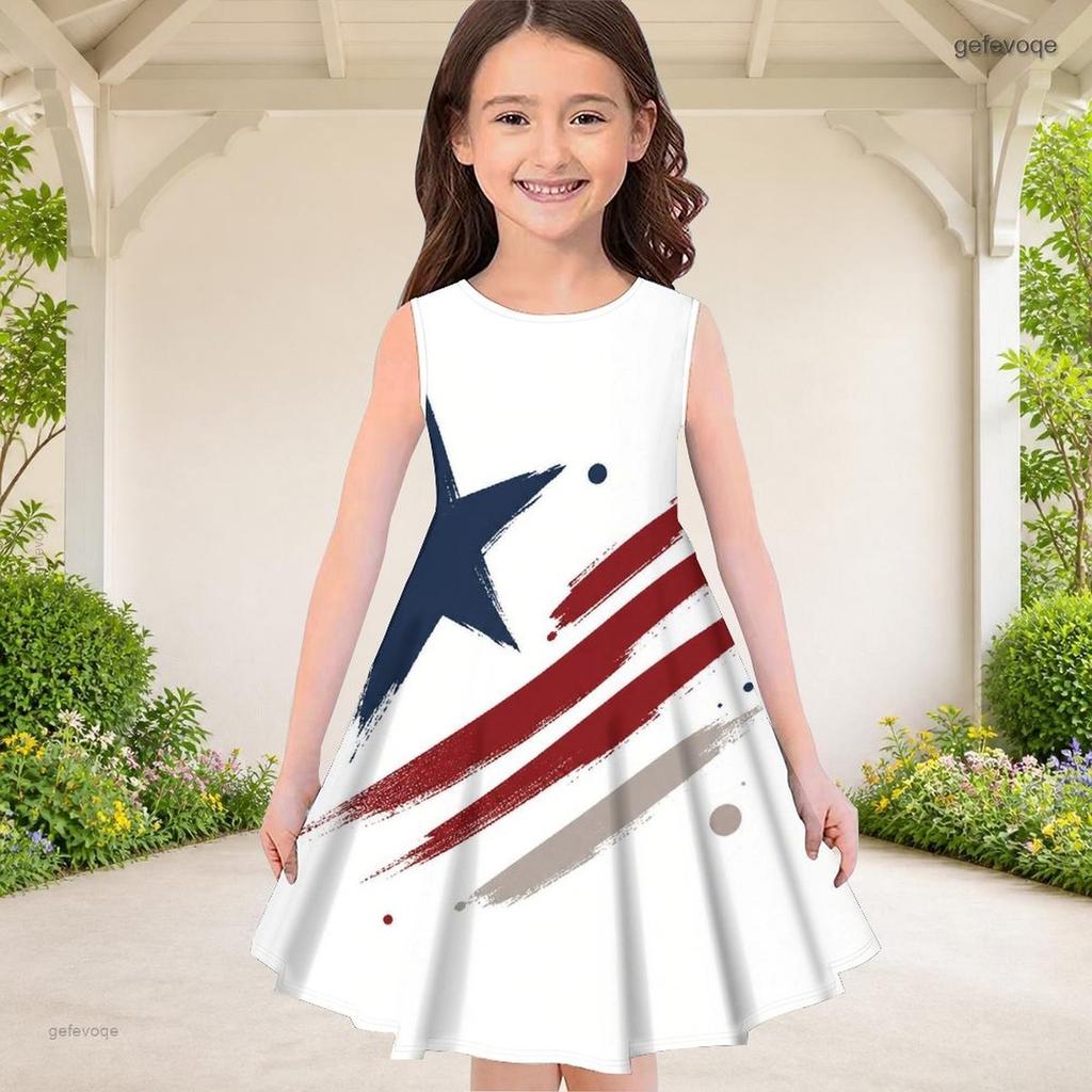 Girls White Round Neck Sleeveless Printed A Line Flared Dress Eagle Star Stripe Design