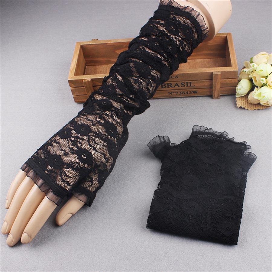 Long Lace Fingerless Gloves, Sheer Floral Arm Sleeves for Wedding & Cosplay
