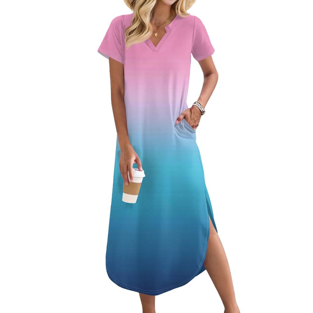 Women's Long Skirt Casual V-neck Long Shirt Dress Loose Slit Holiday Short Sleeve Dress