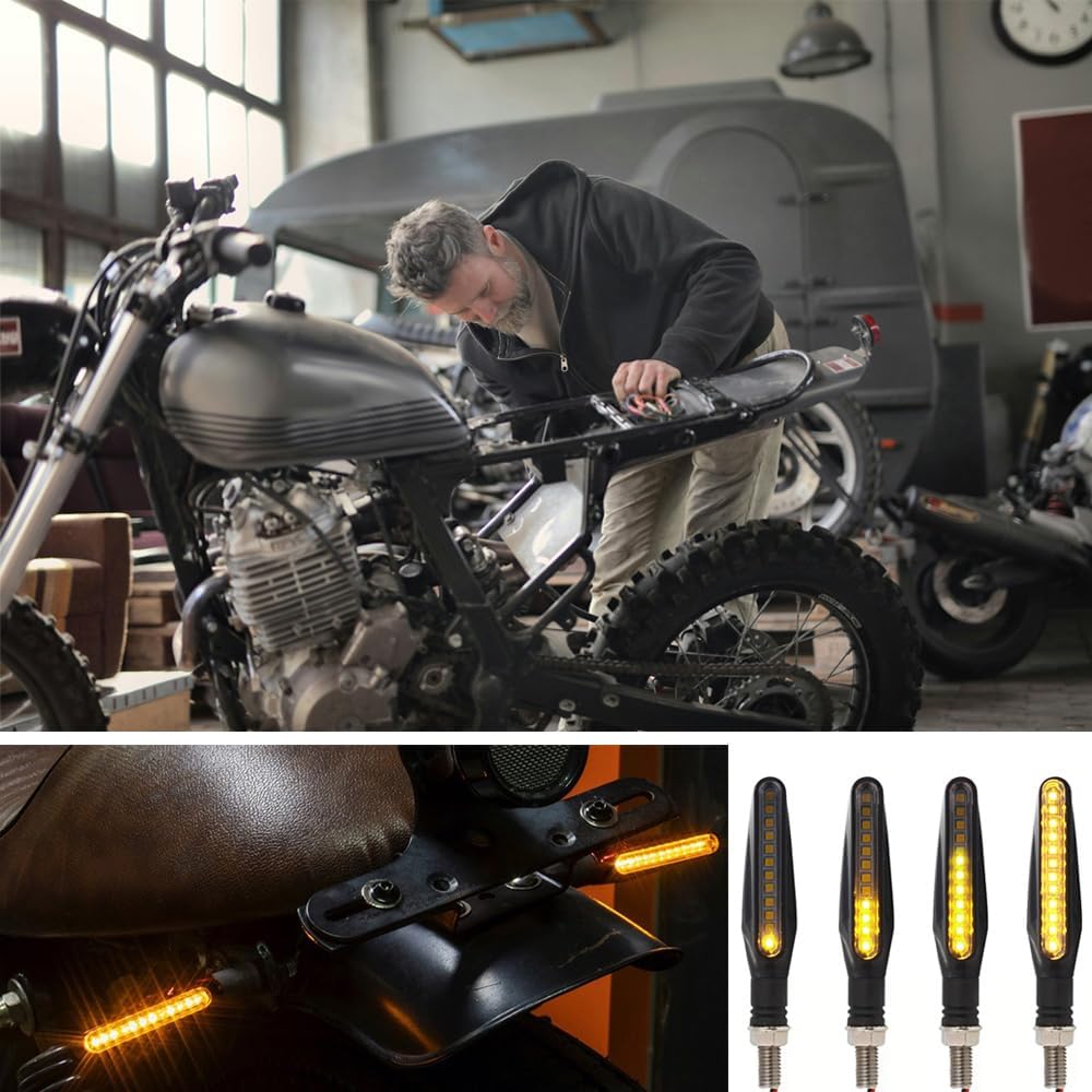 4 Pcs Motorcycle LED Turn Signals, Front + Rear Blinkers Indicator Turn Signal Amber Flowing Sequential Universal Lamp, 12V Motorcycle Turn Signal