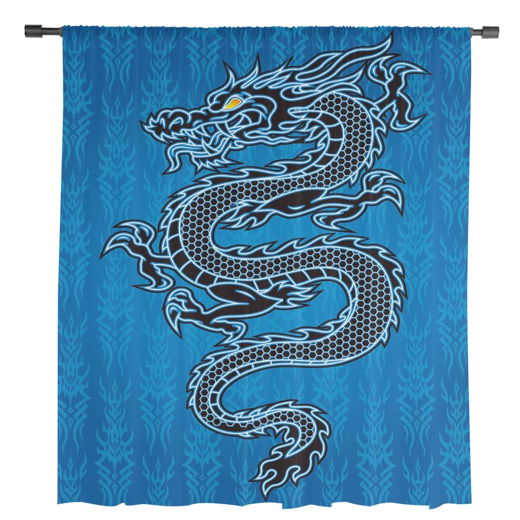 Chinese Style Black Dragon Blue Sheer Curtains for Living Room Decoration Window Curtains Kitchen Tulle Voile Organza Curtains