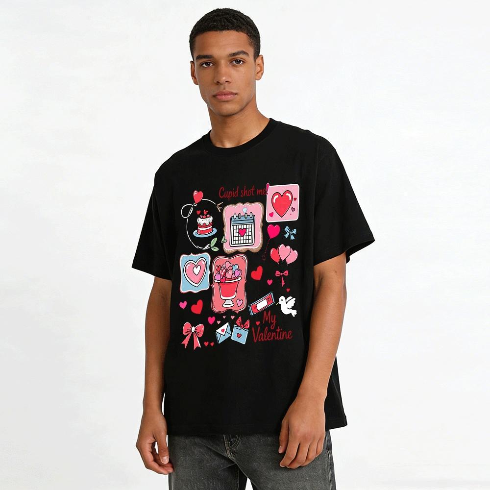 Valentine's Day Cupid Print Tee Cute Heart Love Themed Top Pure cotton T-shirt