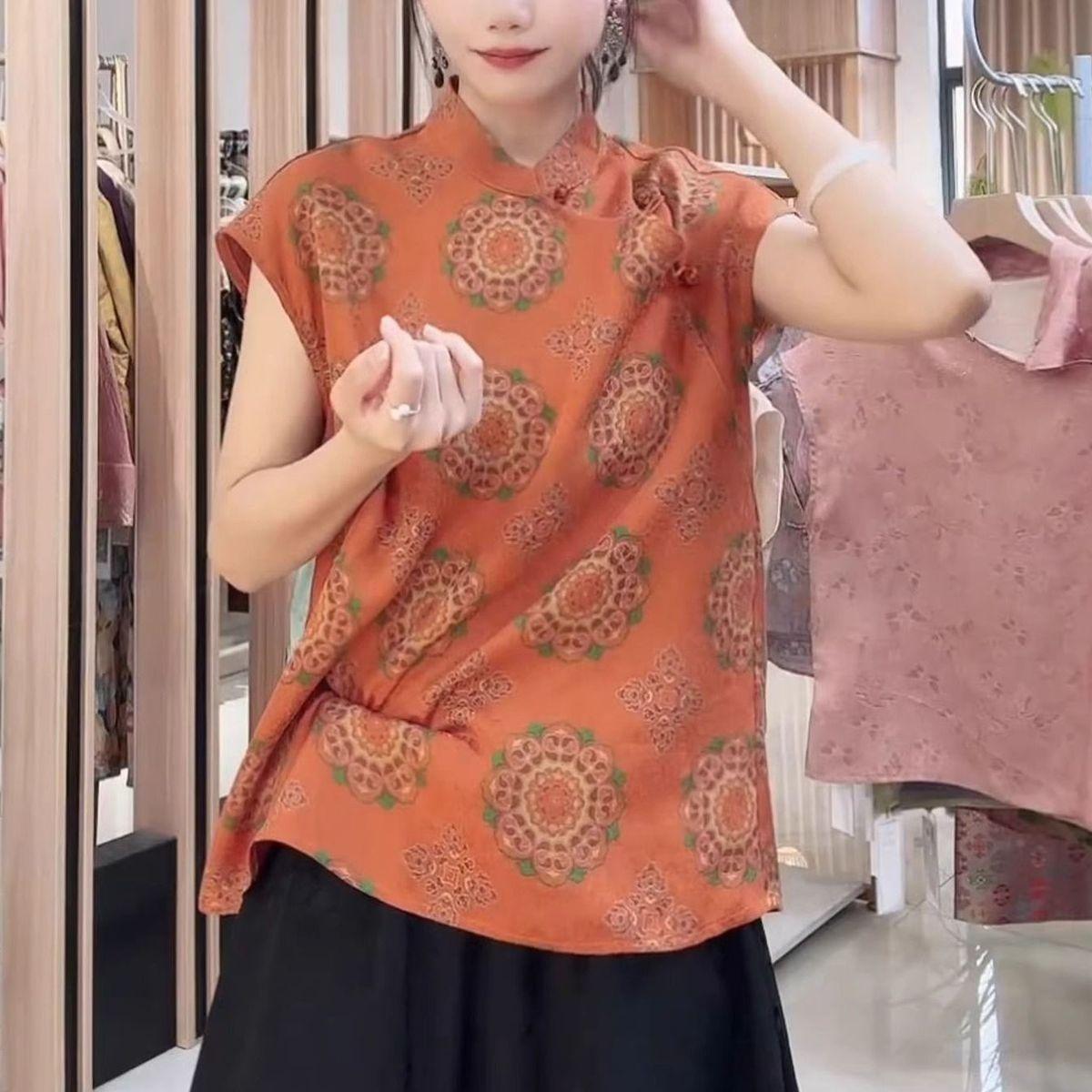 

Премиальная рубашка с коротким рукавом и воротником-стойкой, лето 2025, новая, с пряжкой, в стиле ретро, премиальная футболка с принтом M [Recommended within 50kg]