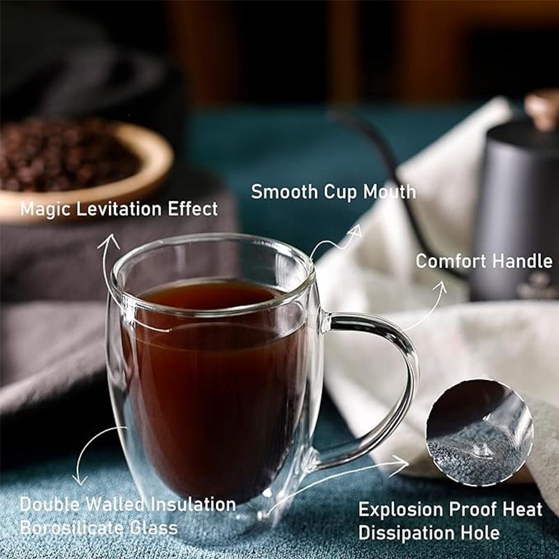 Double Wall Glass Coffee Mugs Milk Mug with Handle Cappuccino Latte Hot Drink Classic Coffee Glass Set Heat Cold Resistant Glass