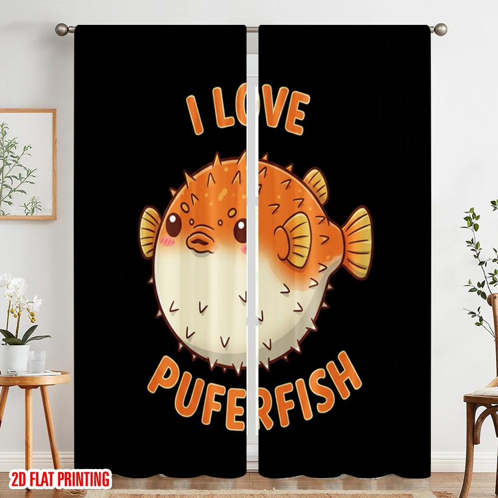 2pcs 2D Flat Printing Window Curtains Cute Pufferfish Design Polyester Without Electricity Birthday Party for All Season