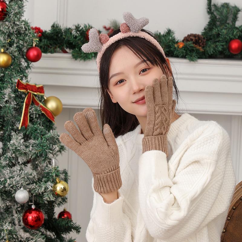 Simple Style Fashion Plus Velvet Thicken Women Winter Keep Warm Touch Screen Pattern Knitted Wool Gloves Elasticity Soft Mittens