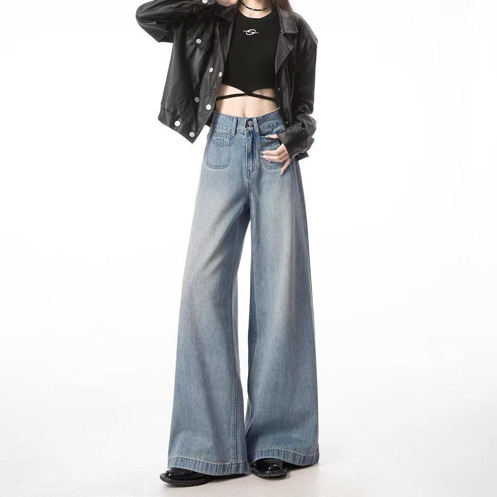 Women's Light Blue High-Waisted Wide-Leg Jeans - 2024 Spring/Autumn, Loose Casual Slimming Fit