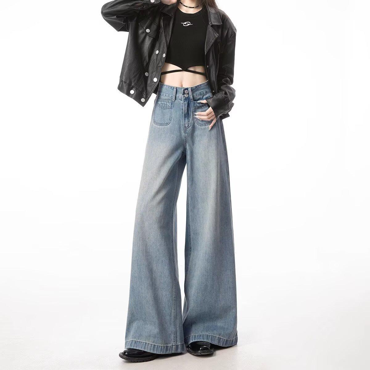 

Женские светло-голубые джинсы с высокой посадкой и широкими штанинами - Весна/Осень 2024, Свободный Повседневный Приталенный Крой XL светло-синий