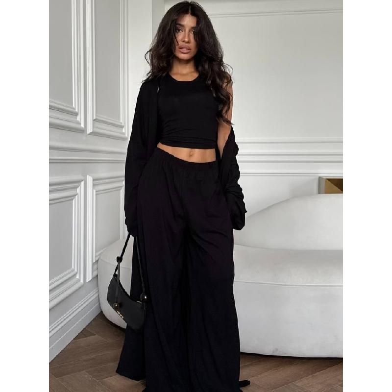 2026 Summer New Casual Cardigan Jacket, Camisole, Wide-Leg Pants Three-Piece Set for Women
