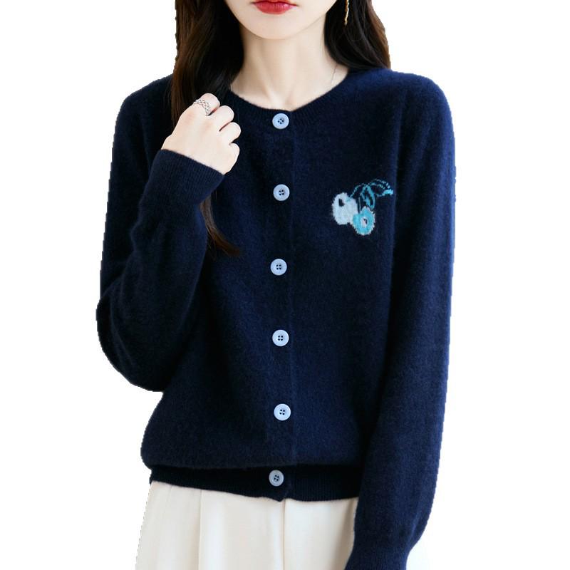 Women's Autumn Embroidered Round Neck Single-Breasted Wool Knit Cardigan