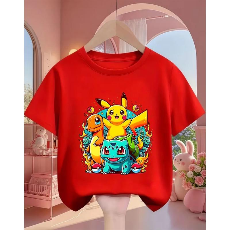 Summer Cute Kawaii Fashion Street Cartoon Round Neck Children's Popular Casual Pikachu T-Shirt