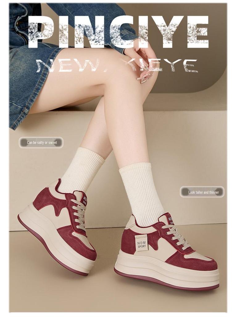 Women's 2024 Genuine Leather & Velvet Dad Shoes: Autumn/Winter Thick-Soled, Height-Enhancing, Versatile Casual White Shoes