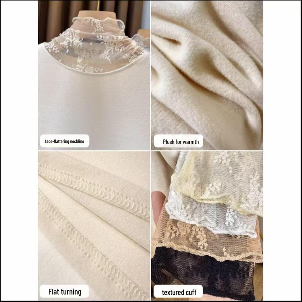 Women's Slim-Fit Brushed Lace Turtleneck Base Layer - Warm Autumn/Winter Inner Shirt