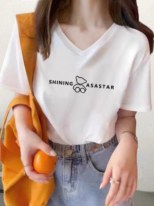 

White T-shirt women s short-sleeved V-neck loose and thin pure cotton summer women s clothing 2025 new printed front shoulder top ins XXXL