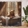 1pc Bear Shower Curtain - Funny Brown Bear Bathing, Rustic Wood Grain, Country Cartoon Design, Modern Bathroom Decor