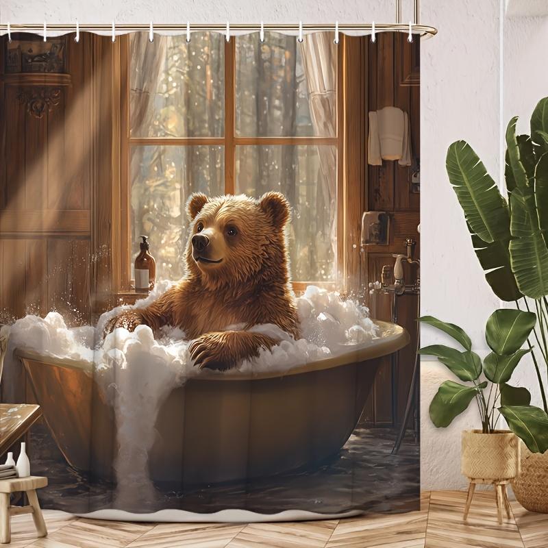 1pc Bear Shower Curtain - Funny Brown Bear Bathing, Rustic Wood Grain, Country Cartoon Design, Modern Bathroom Decor