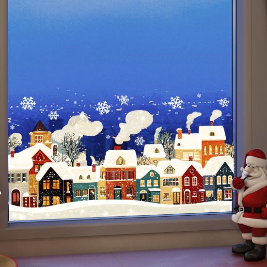 Easy Peel Glass Stickers Christmas Static Window Clings, Snow Town Snowflake Decals, Winter Village for Home Holiday Decor Decoration Seasonal Film