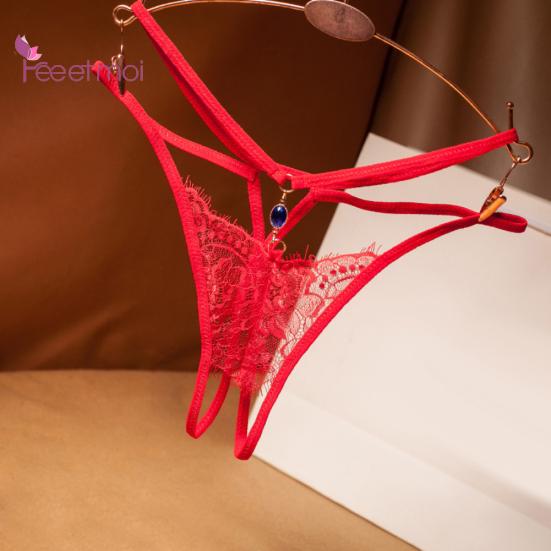 2Pcs Erotic G-String Women Lace Through Hollow Out Open Crotch See Underwear