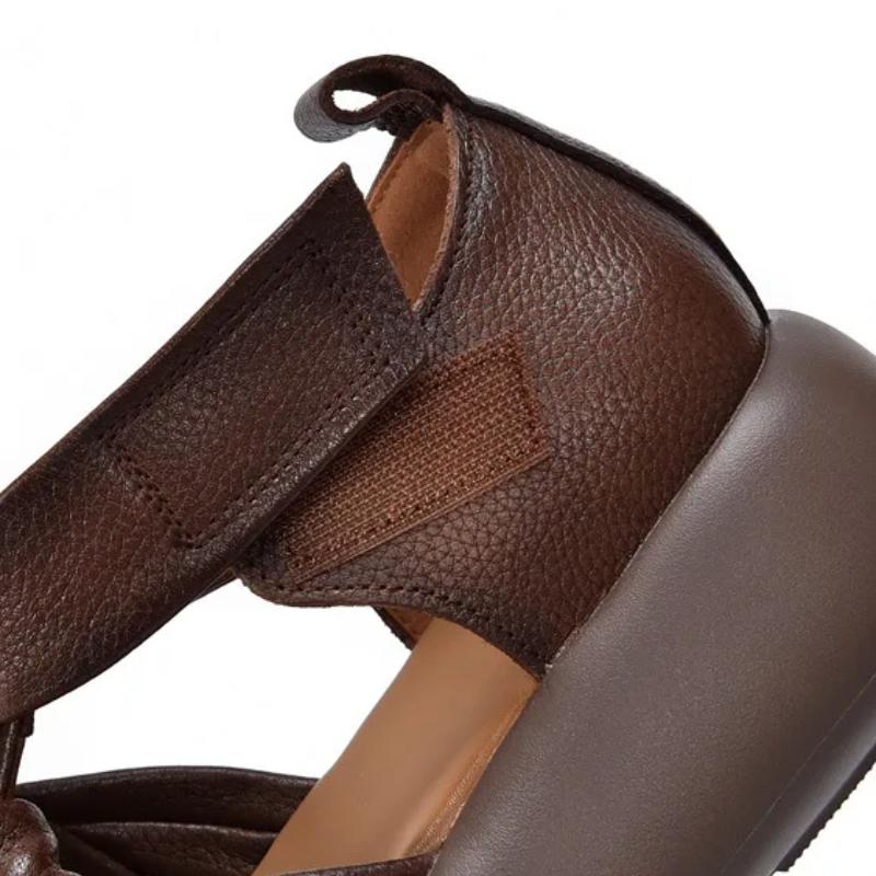 Johnature Genuine Leather Retro Hand Woven Hollow-out Sandals Soft Soled Women's Flat Platform Shoes