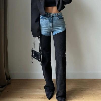 Patchwork Jeans for Women Straight High Waist Zipper Pockets ,Long Denim Pants ,Spring Lady Fashion High Street Trouser