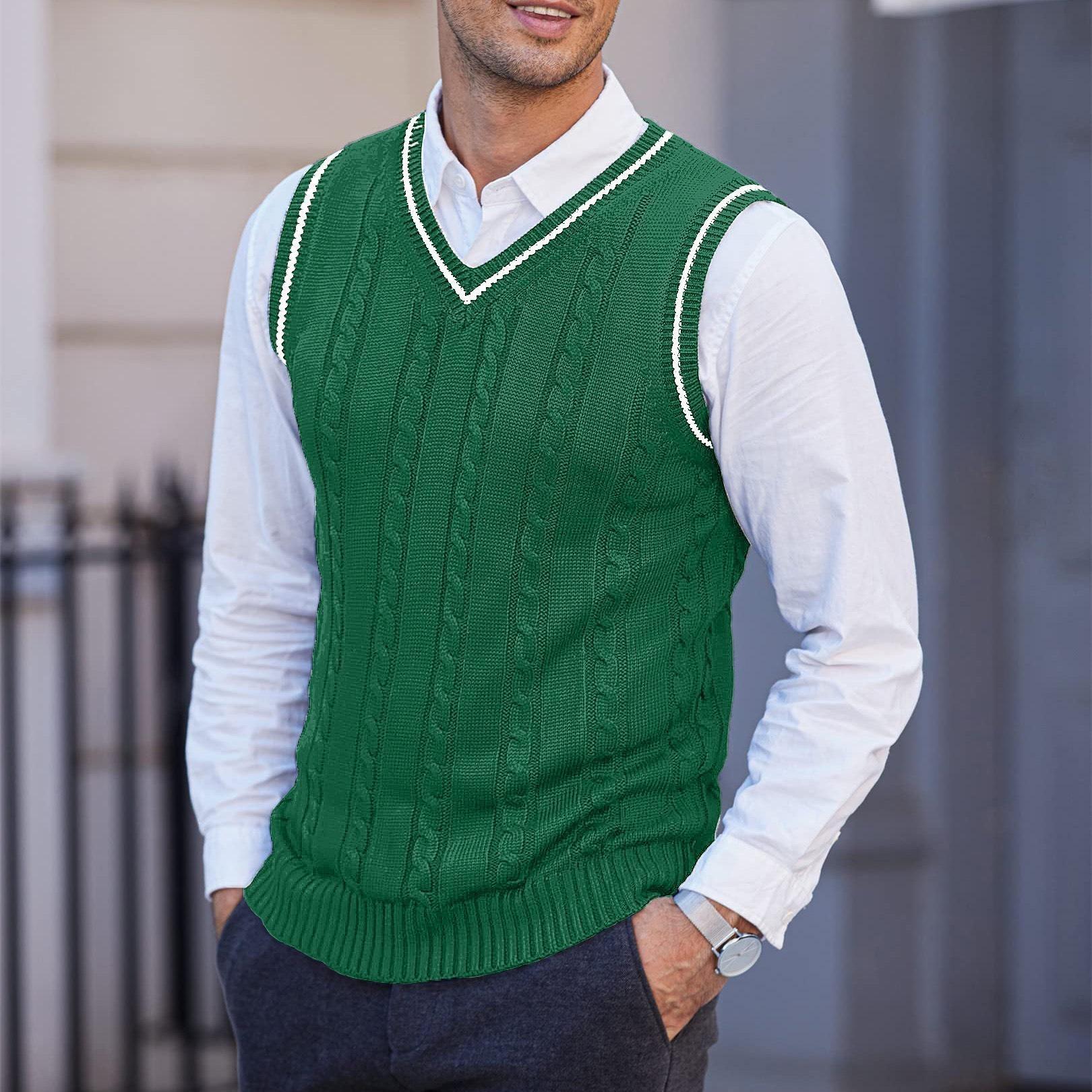 

Men s Casual Sleeveless V-Neck Knitted Vest with Cable Knit Pattern - Large S зелений