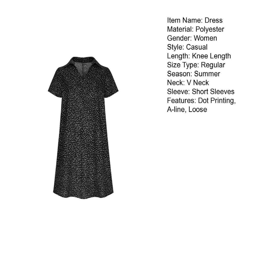 Yousheng Summer Dress Dot Printing Short Sleeves Loose A-line Shirt Dress V Neck Knee Length Midi Dress for Dating Travel Vacation