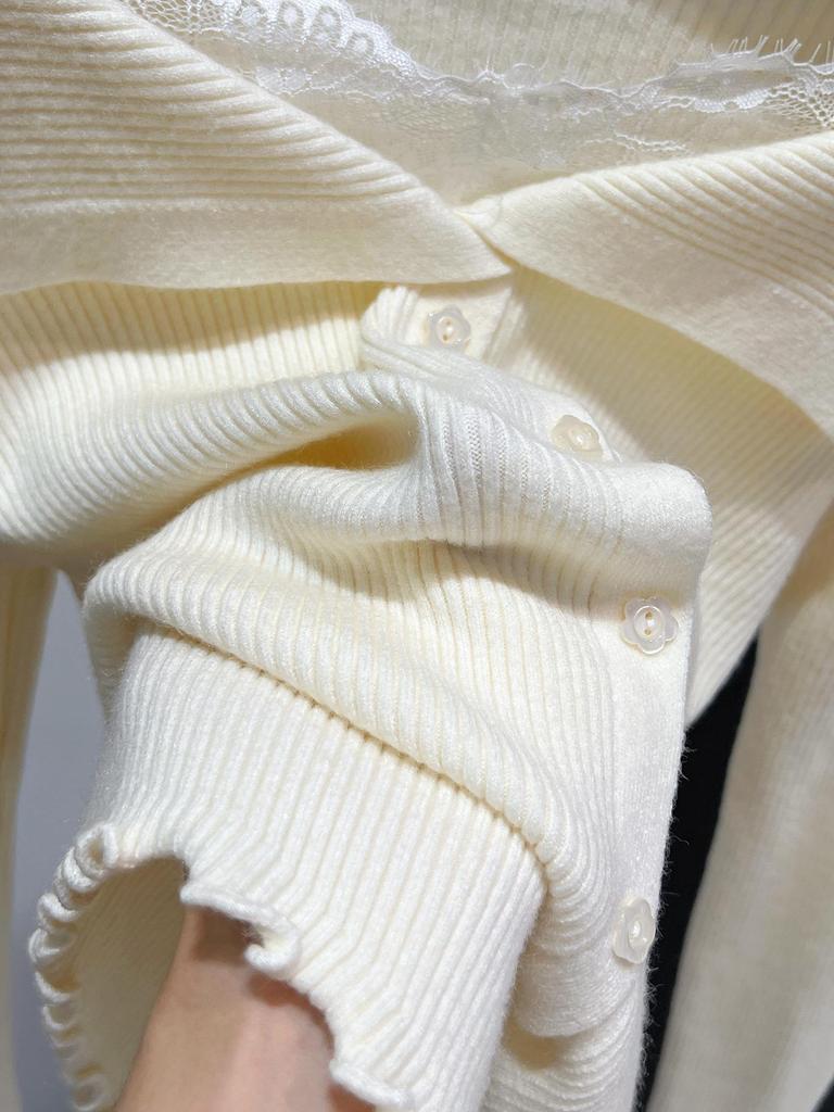 Women’s High-End Ruffle Lace V-Neck Knit Cardigan Sweater