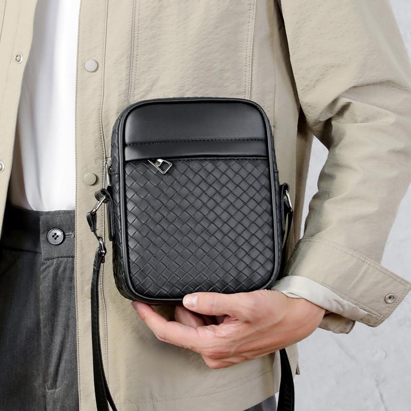 WEIXIER Men's Crossbody Bags Fashion, Casual Woven PU Leather Shoulder Bag for Business, Vertical Sling Bag for Men