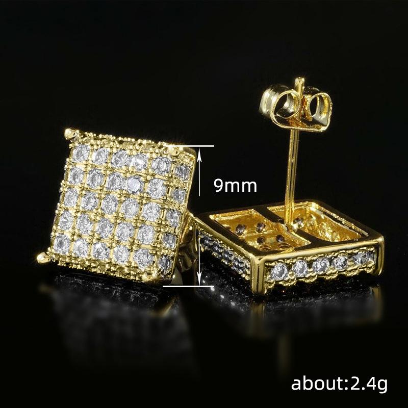 Hip Hop Style Copper Micro-Inlaid Zircon Square Stud Earrings Hiphop Trendy Cool Earrings