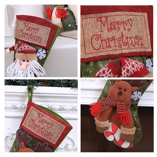 18" Christmas Stocking 3D Plush Santa Snowman Reindeer Design Hanging Burlap Stocking for Farmhouse Holiday Decor