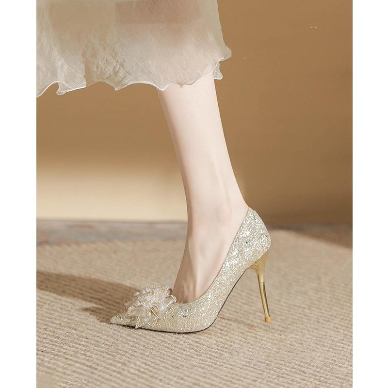 Fashion Gold Heels Fine Heeled Shoes Sexy Pump 2024 All-Match Slip On Sandals Ladies Pointed Wedge Lace-Up Stiletto Crossdressers Cryst