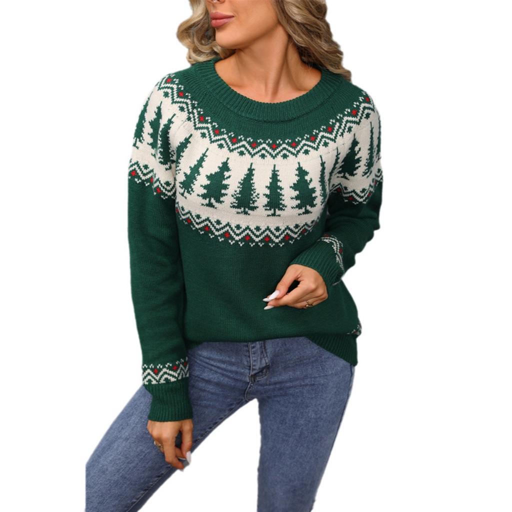 Winter New Christmas Sweater for Women, O-Neck Tree Pattern, Green Knitwear