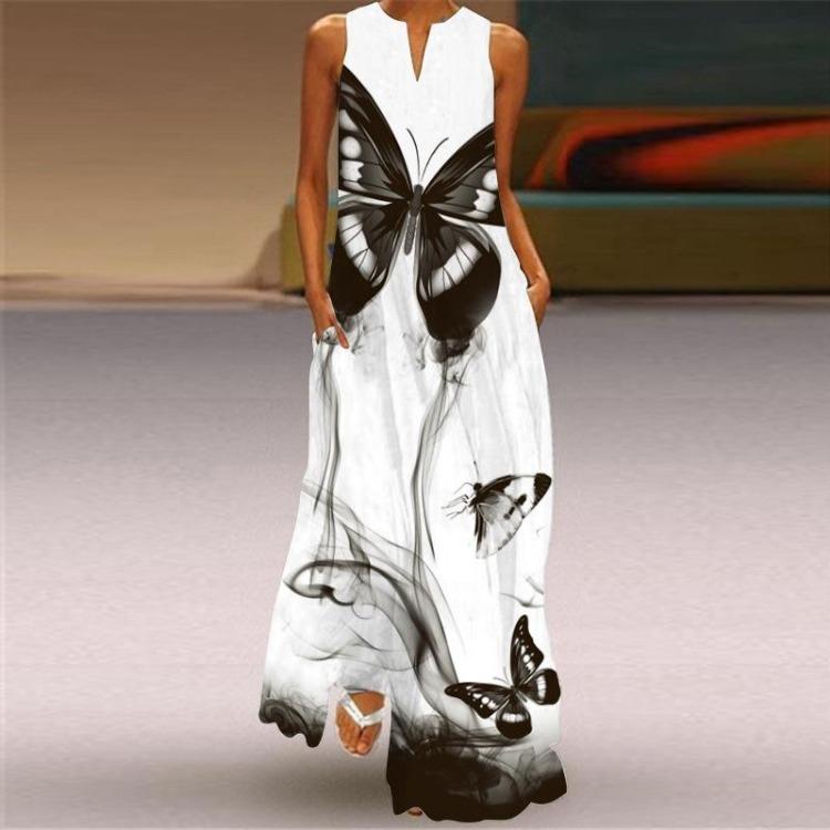 2026 Summer Women V Neck Sleeveless Maxi Dress Digital Print Pocket European American Style Sizes S To 5XL