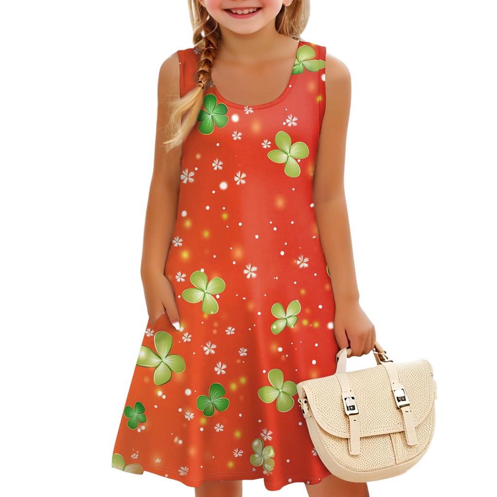 Children's Sleeveless U-neck A-line St. Parmesan Print Casual Vacation Dress