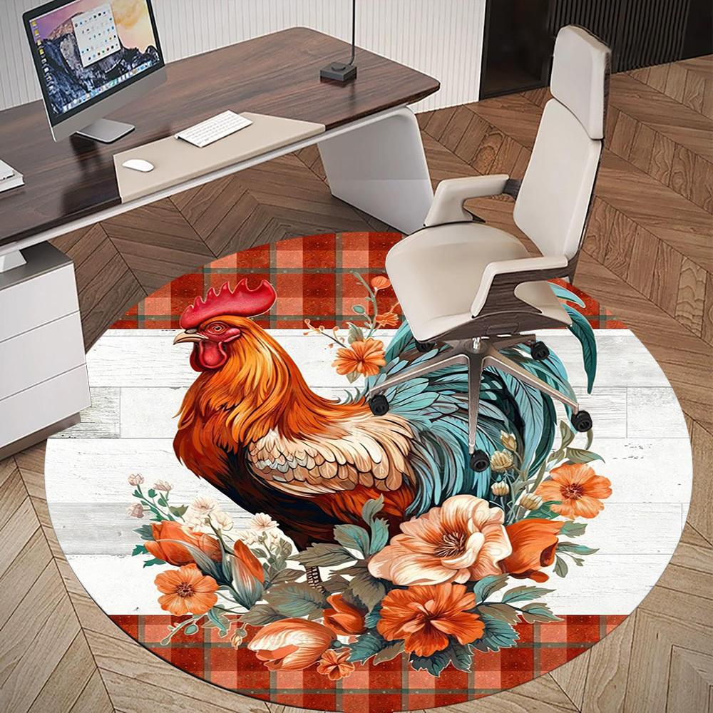 1pc Rooster Flowers Round Chair Mat Office Area Rug - Non-Slip, Floor Mat for Office, Bedroom, Ideal Home Decor Gift C0112049