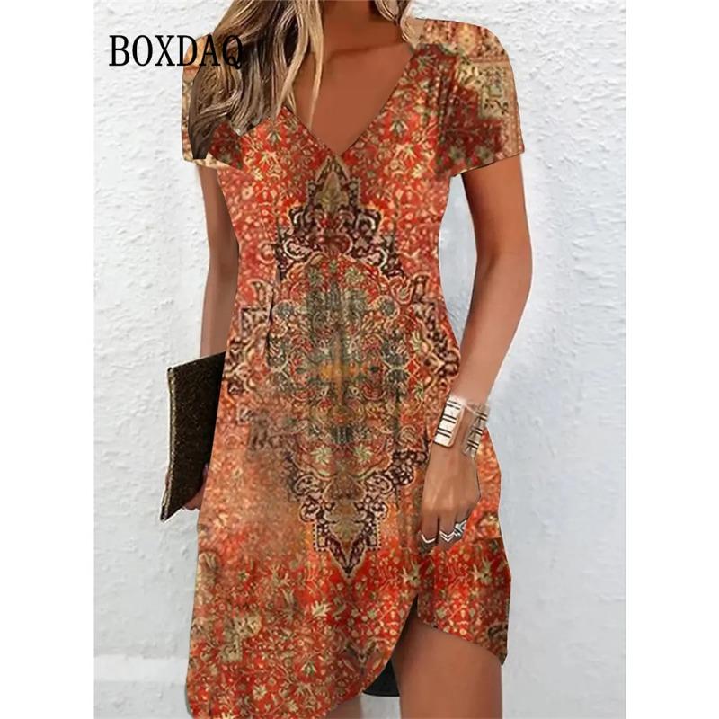 Vintage Women Midi Dresses For Ethnic Style Floral Print Loose Dress Plus Size Casual Short Sleeve Pullover V-Neck Dress