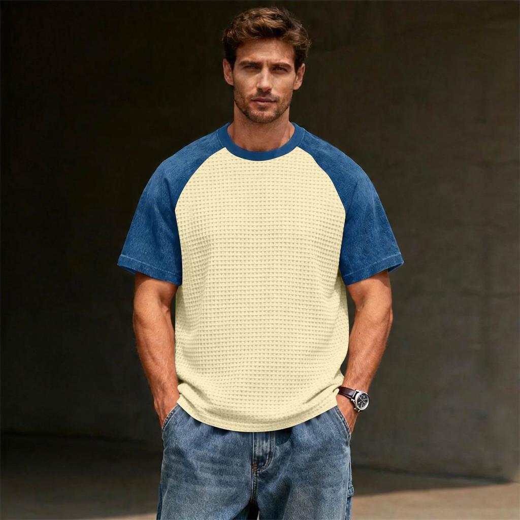 Men's Casual Lightweight Waffle Knit Raglan Short Sleeve Crew Neck Shirt Loose Fit Big Size Top for Everyday Wear