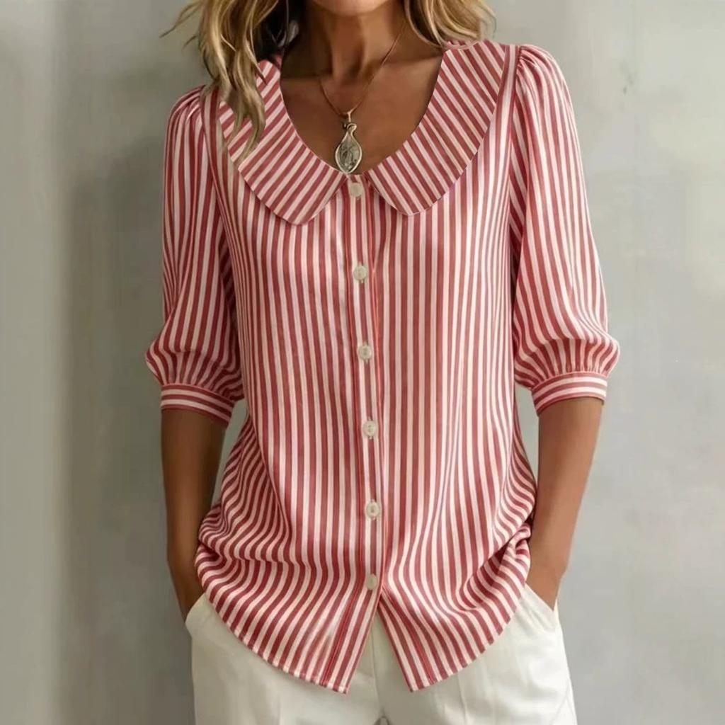 Women's Peter Pan Collar Striped Blouse Casual Puff 3/4 Sleeve Button Down Shirt Top