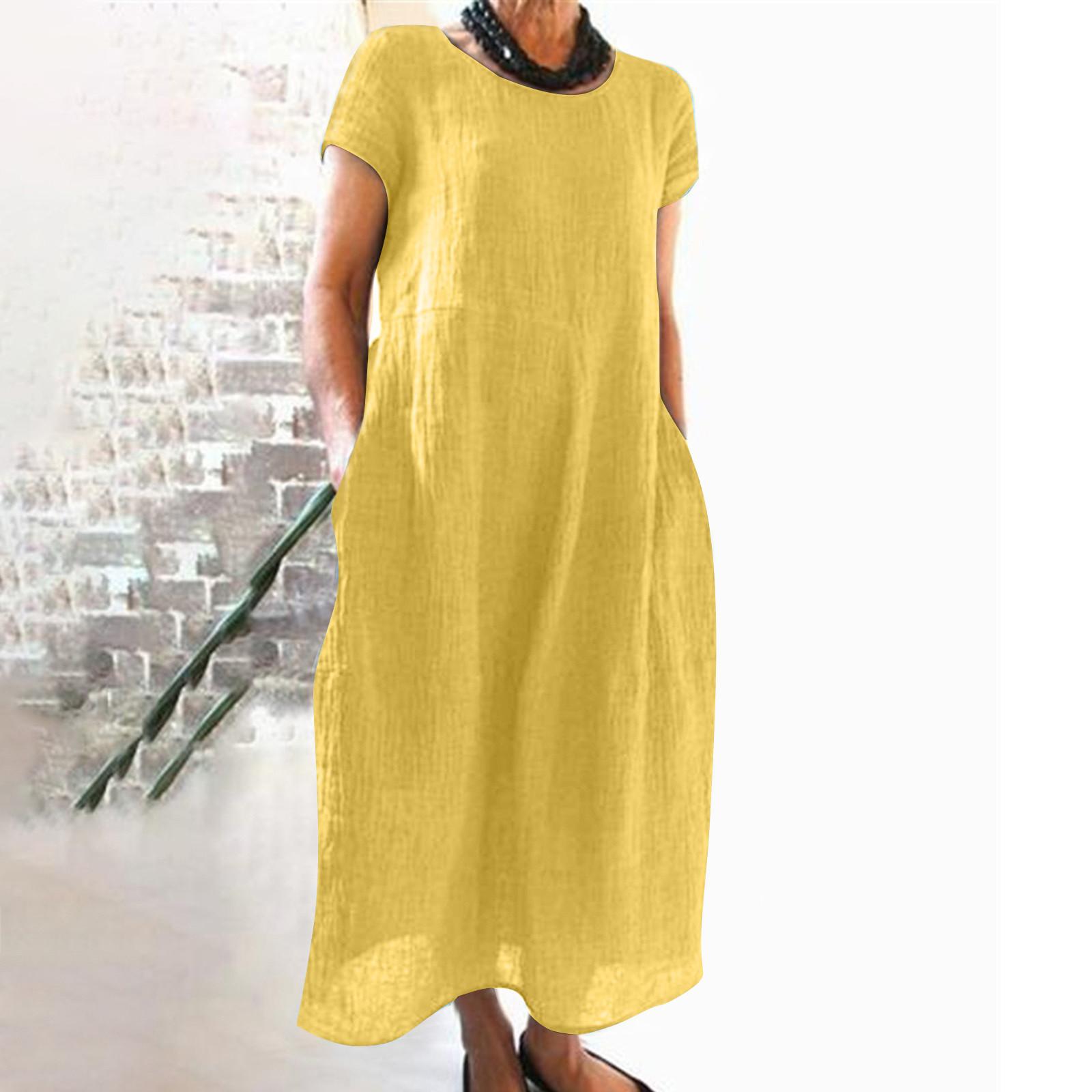

Women s Summer Casual Color Short-sleeve O-neck Stitching Loose Pocket Cotton Linen Dress XXXXL жёлтый