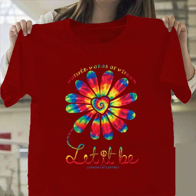 Let It Be Renkli Ayçiçeği Baskılı Tişört Kadın Kısa Kollu O Yaka Bol Tişört Kadın Günlük Tişört Üstler Camisetas Mujer