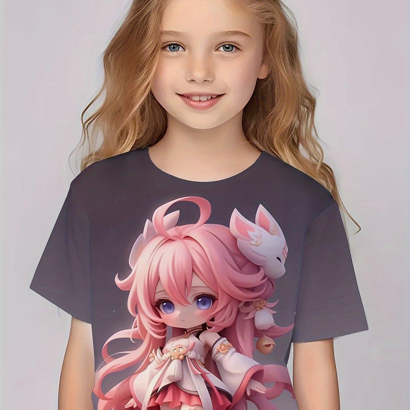 

3D аниме-девушка с рисунком, короткий рукав, круглый вырез, детская одежда, футболка, повседневная, модная, универсальная, удобные летние топы, одежда для девочек 130